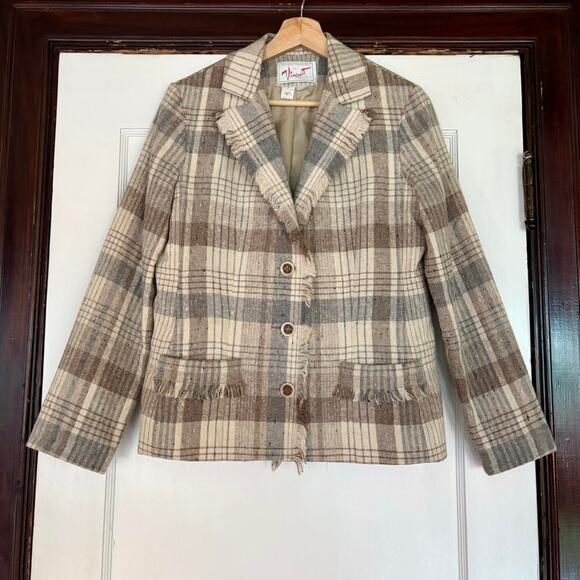 Vintage Tan, Brown, & Gray Wool Tweed Plaid Blazer (USA Union-Made)- Size Small - Picture 1 of 4